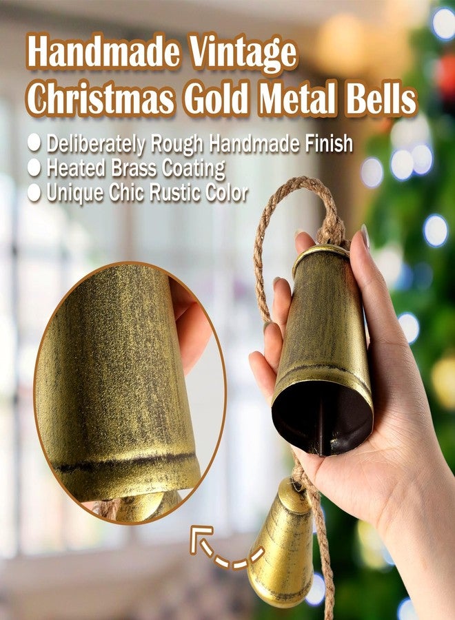 CUPLOOV Gold Bells for Christmas Decorations, Decorative 4 Metal Big Cow Bells on Jute Hanging Rope, Christmas Hanging Rustic Bells for Christmas Tree Garland Wreath Mantel Home Decor - Image 3